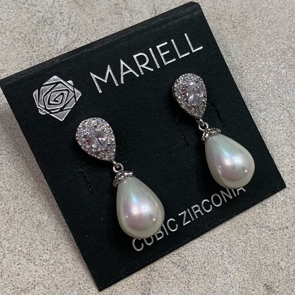 Pear Shaped Pearl Drop Crystal Bridal Earrings CZ